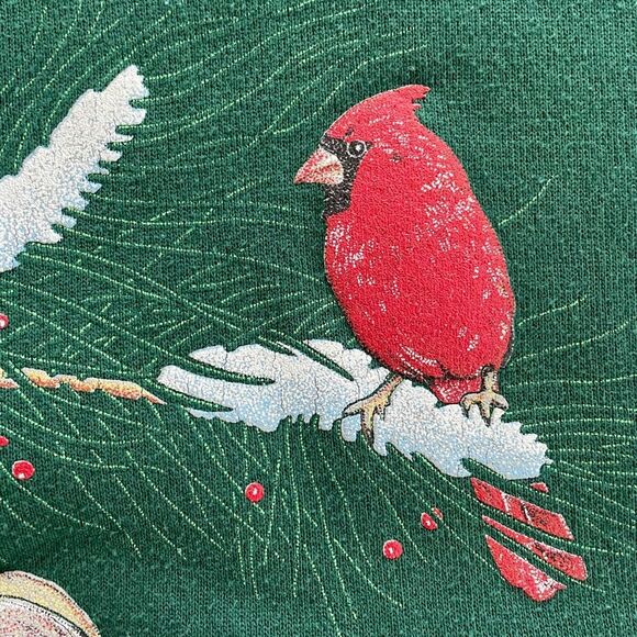Vintage 90s Hanes Activewear Collared Sweatshirt Cardinal Bunny Snow Green Red L - Picture 9 of 10